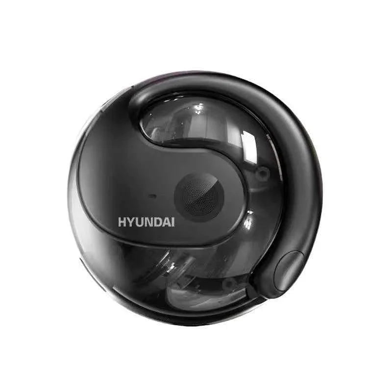 Black Hyundai wireless earbud with ergonomic design and transparent accents on white background