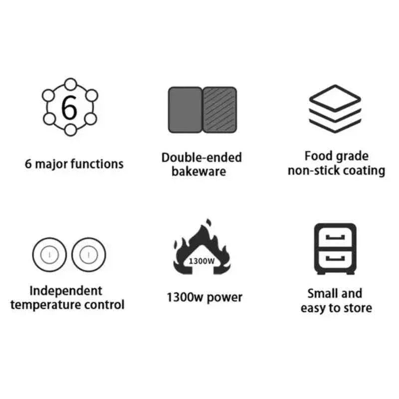 Icons highlighting kitchen appliance features: 6 functions, double-ended bakeware, non-stick coating, independent temperature control, 1300w power, compact storage