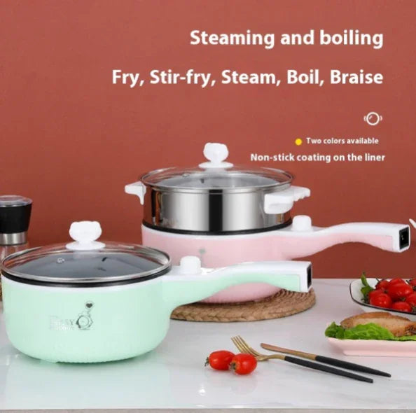 Two pastel-colored non-stick frying pans with glass lids for steaming, boiling, stir-fry, and braising