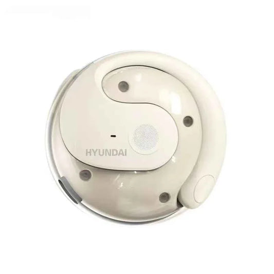White Hyundai robotic vacuum cleaner with yin-yang design and circular shape on white background