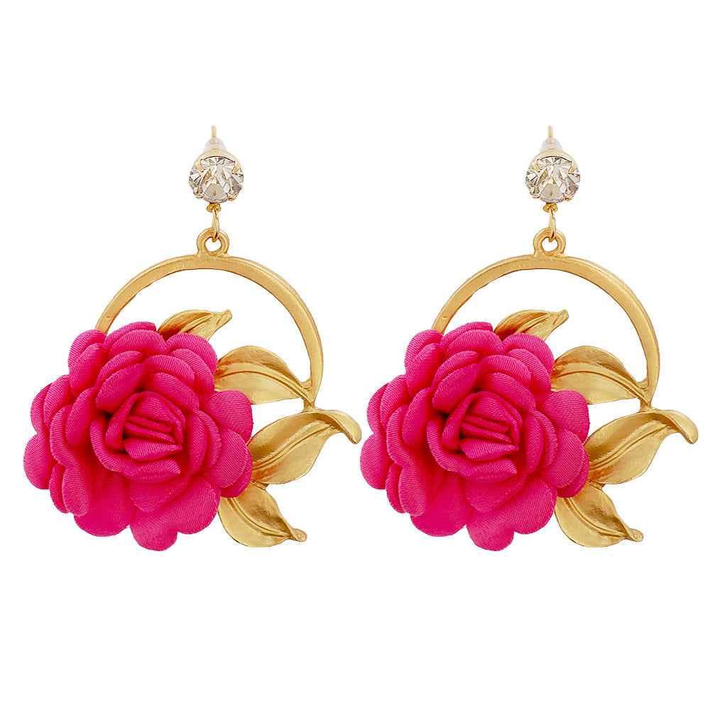 Pair of gold-tone earrings with pink fabric rose flowers and leaf design, clear stone studs